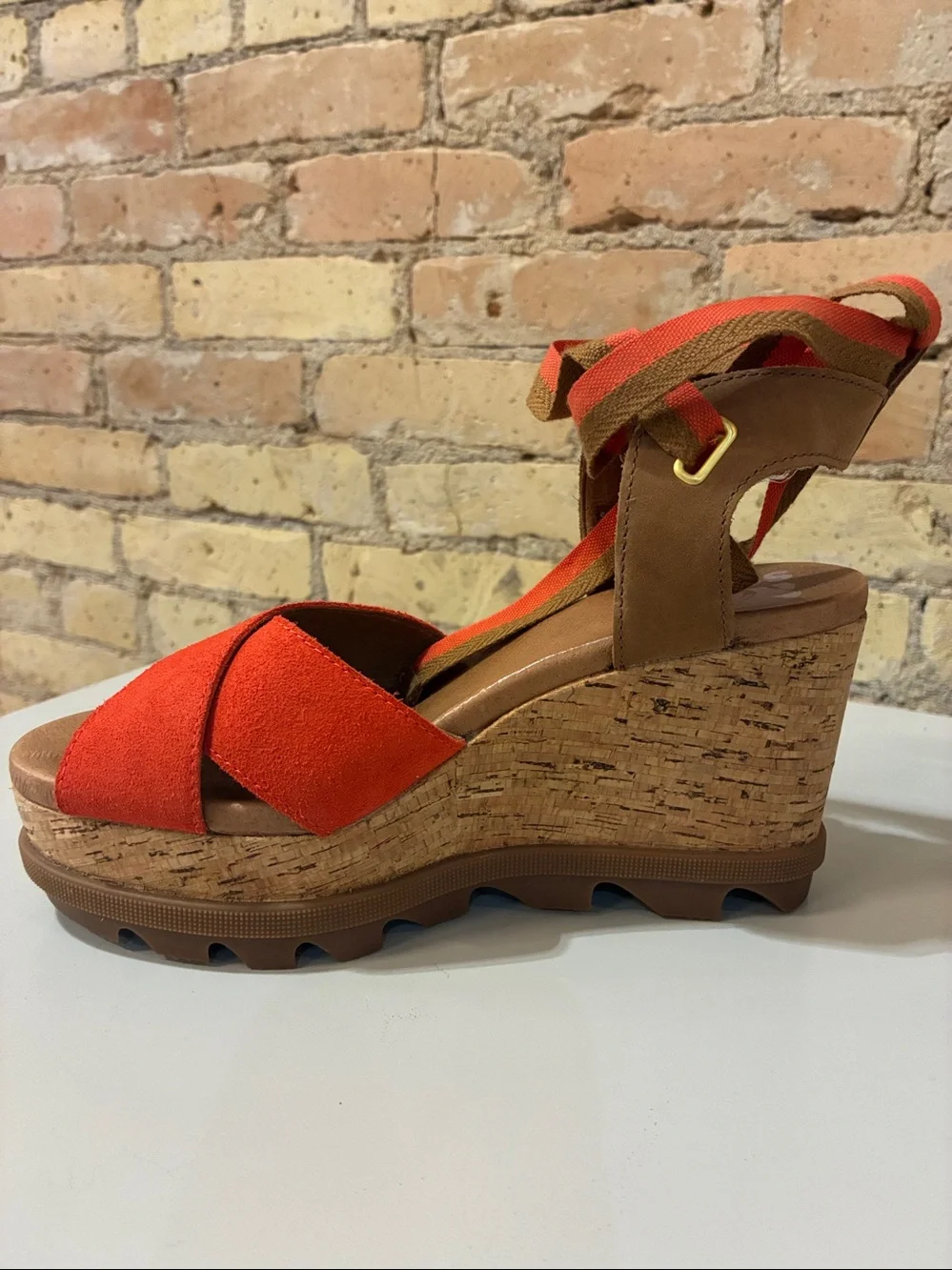 Sorel Joanie II High Ankle Orange Wedge Sandals with Ankle Tie - Picture 4 of 9